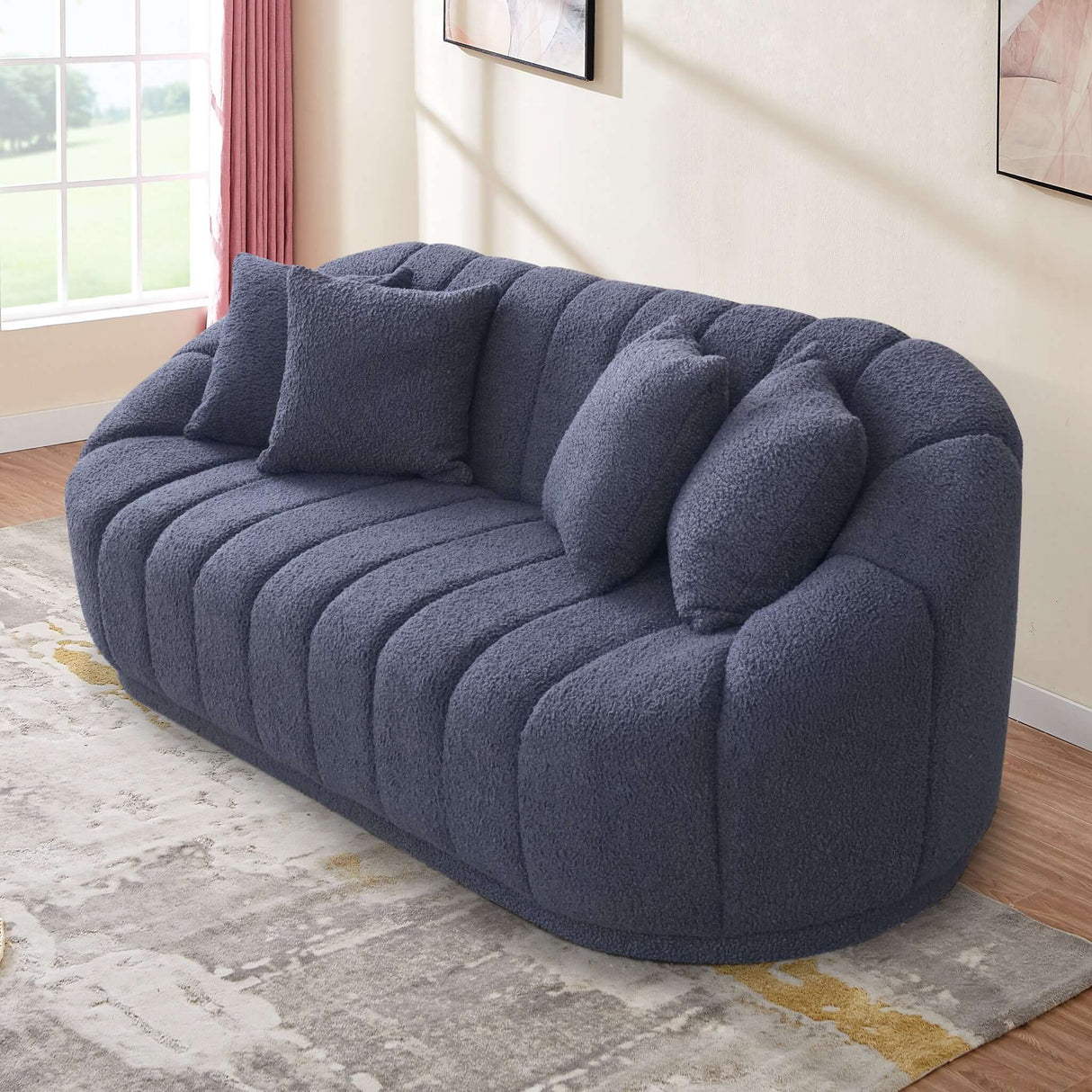 Maximilian Modern Japandi Style Tight Back Boucle Couch Dark Grey