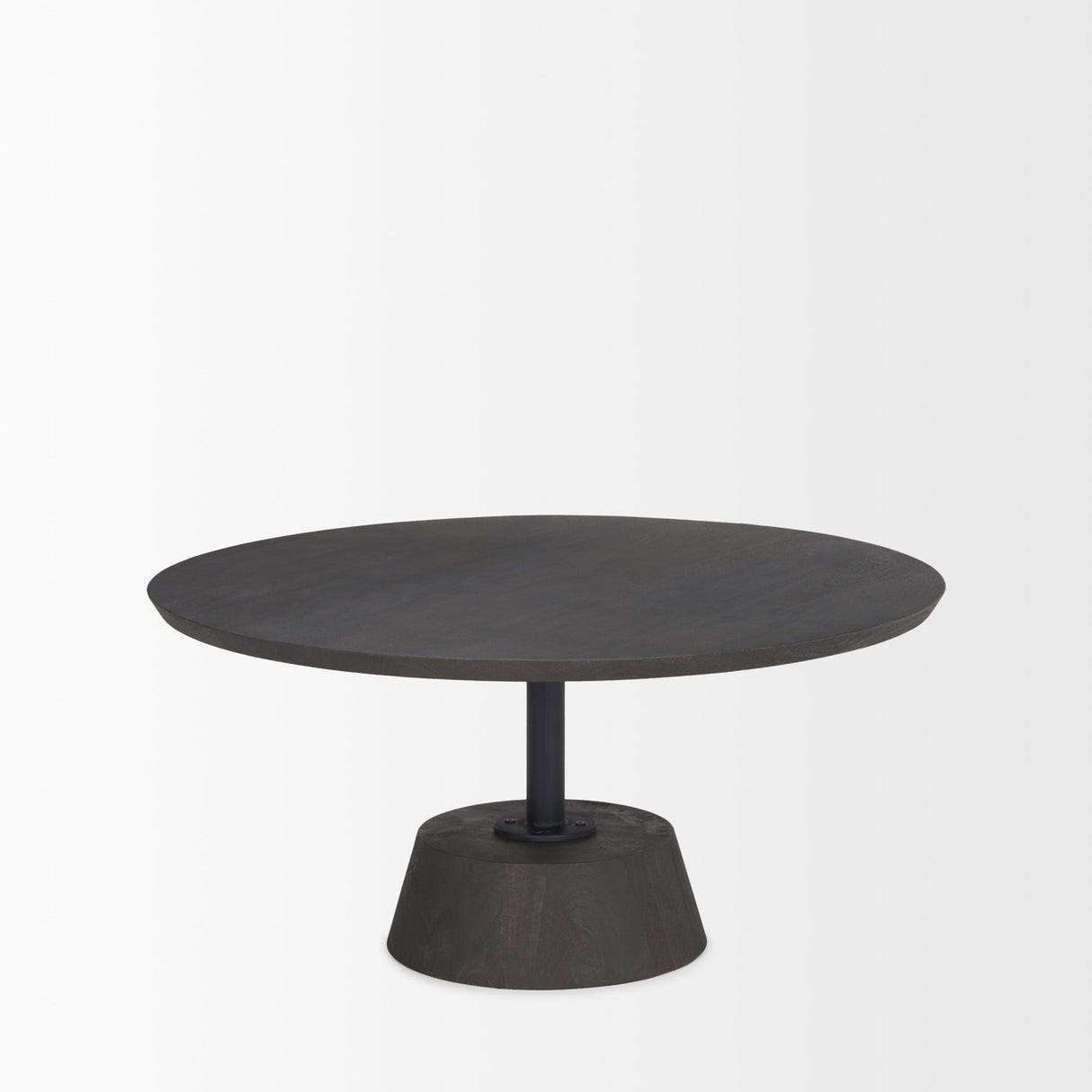 Maxwell Dark Brown Wood W/ Black Metal Pedestal Base Round Coffee Table by Mercana at Eve Furniture