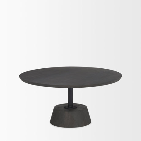 Maxwell Dark Brown Wood W/ Black Metal Pedestal Base Round Coffee Table by Mercana at Eve Furniture