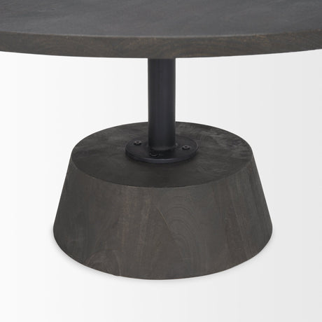 Maxwell Dark Brown Wood W/ Black Metal Pedestal Base Round Coffee Table by Mercana at Eve Furniture
