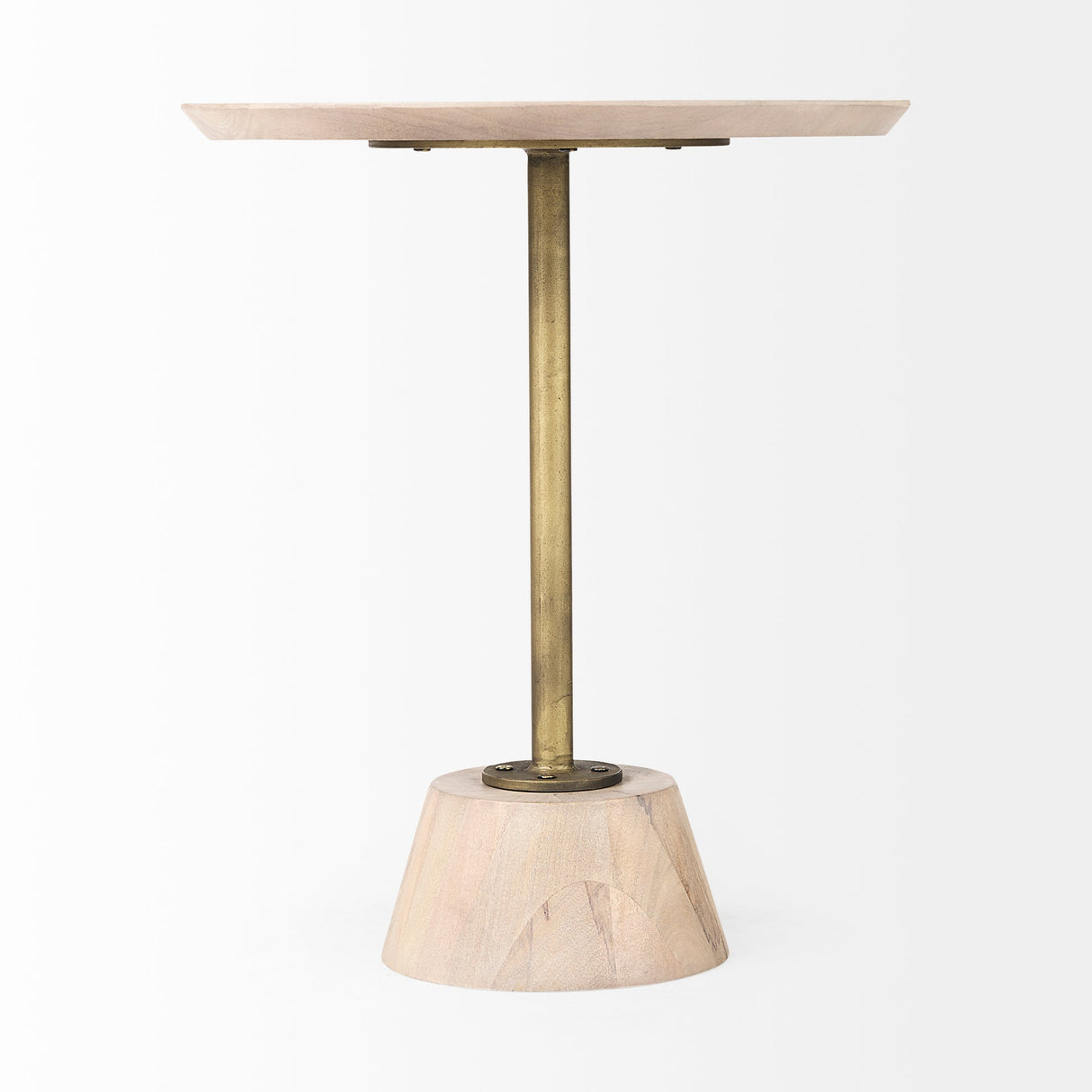 Maxwell Round Light Brown Wood w/ Gold Metal Pedestal Side Table by Mercana at Eve Furniture