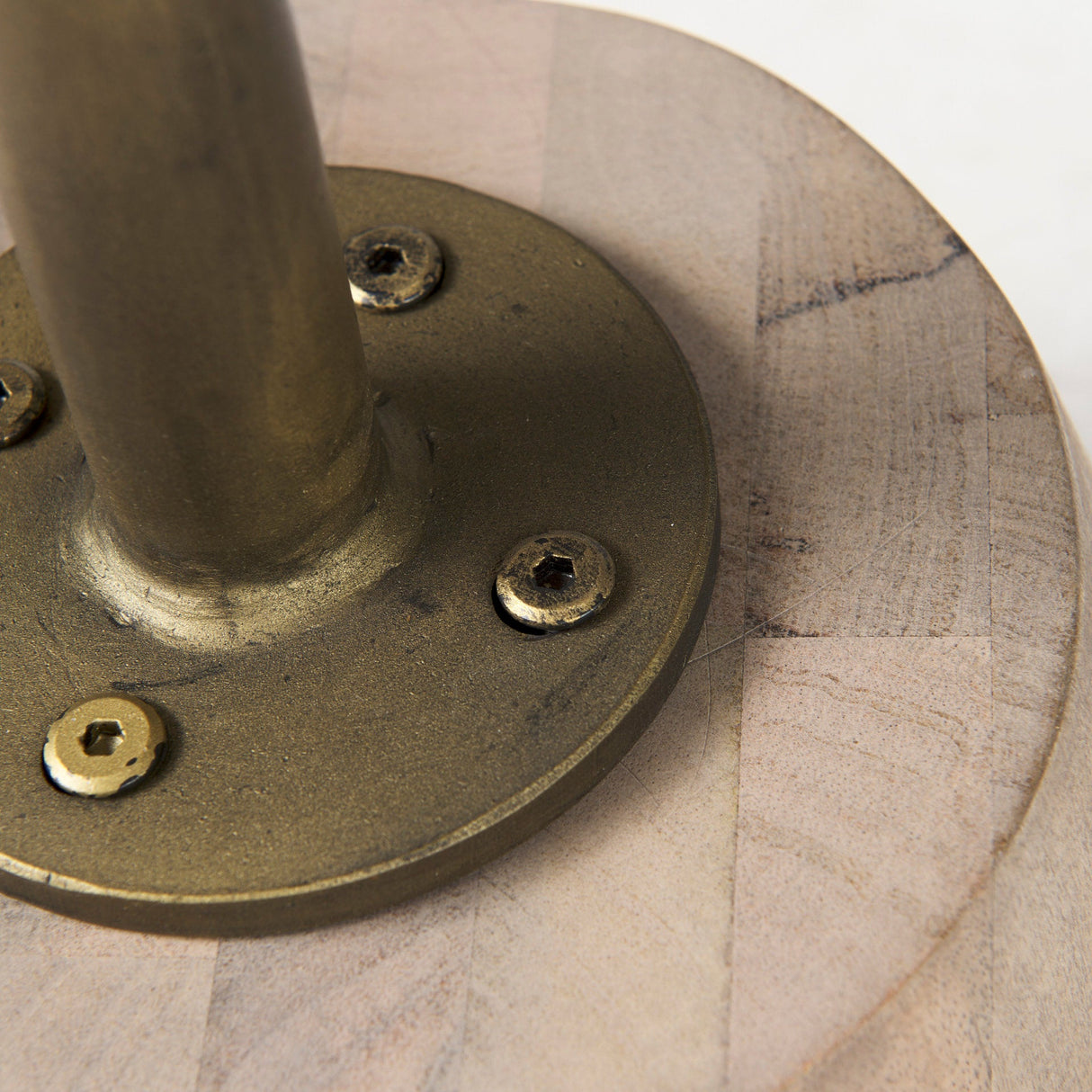 Maxwell Round Light Brown Wood w/ Gold Metal Pedestal Side Table by Mercana at Eve Furniture