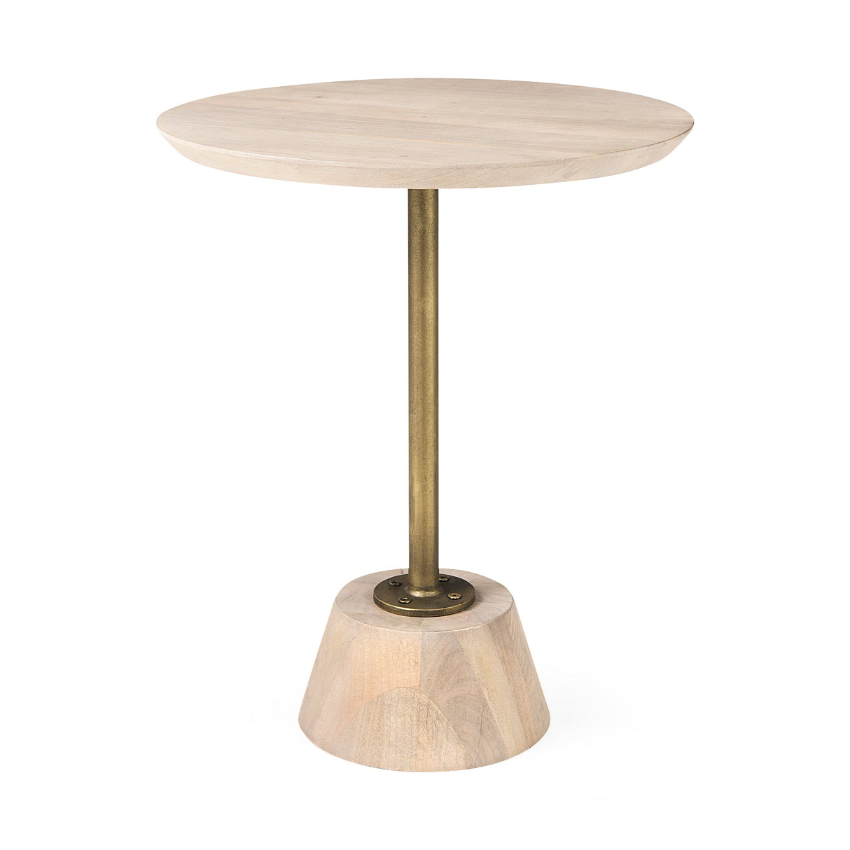 Maxwell Round Light Brown Wood w/ Gold Metal Pedestal Side Table by Mercana at Eve Furniture
