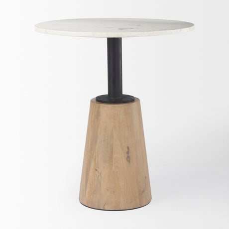Maxwell Round White Marble Tabletop w/ Blonde Wood & Black Metal Accent Pedestal Bistro Table by Mercana at Eve Furniture