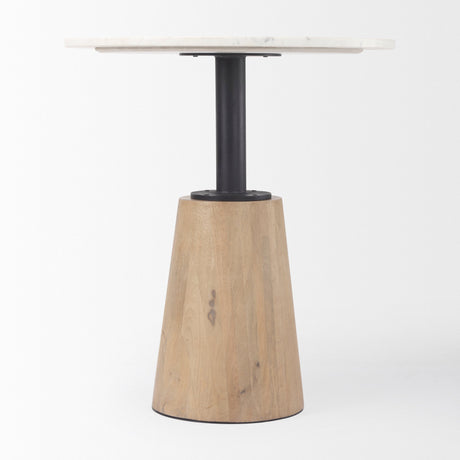 Maxwell Round White Marble Tabletop w/ Blonde Wood & Black Metal Accent Pedestal Bistro Table by Mercana at Eve Furniture