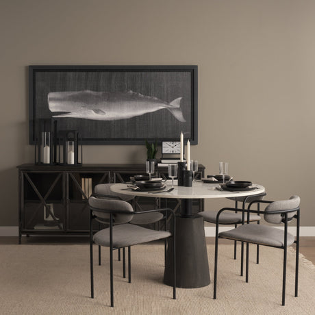 Maxwell Round White Marble Top w/ Black Metal and Wood Pedestal Base Dining Table by Mercana at Eve Furniture