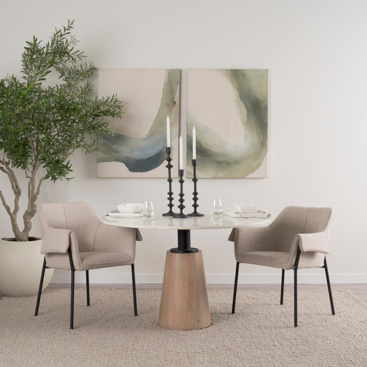 Maxwell White Marble Round Top W/ Black Metal and Wood Pedestal Base Dining Table by Mercana at Eve Furniture