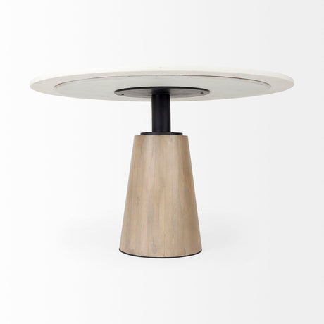 Maxwell White Marble Round Top W/ Black Metal and Wood Pedestal Base Dining Table by Mercana at Eve Furniture