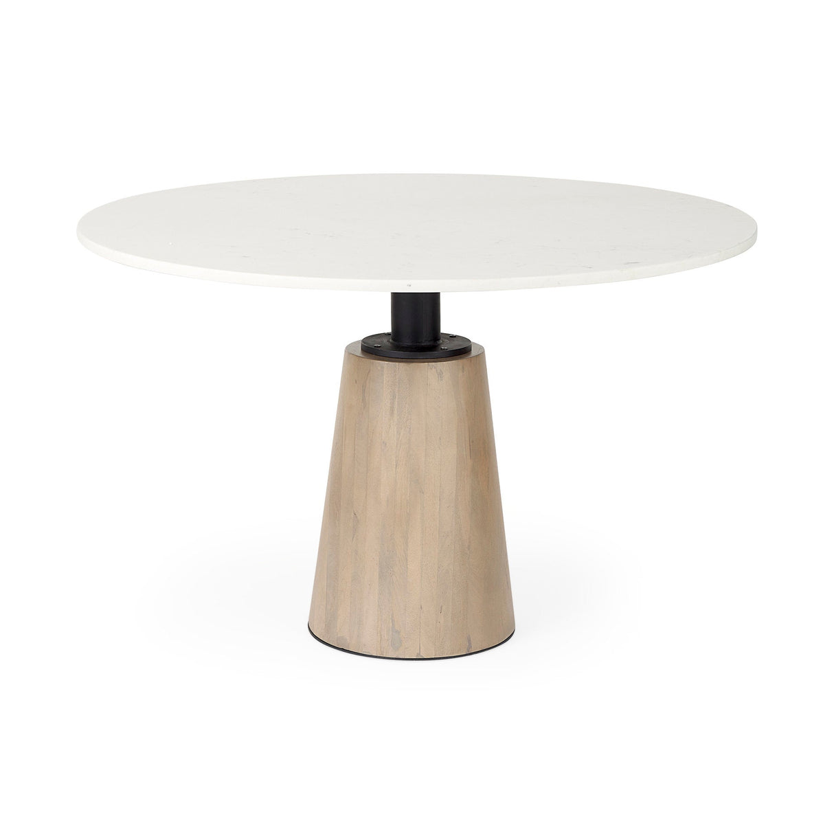 Maxwell White Marble Round Top W/ Black Metal and Wood Pedestal Base Dining Table by Mercana at Eve Furniture