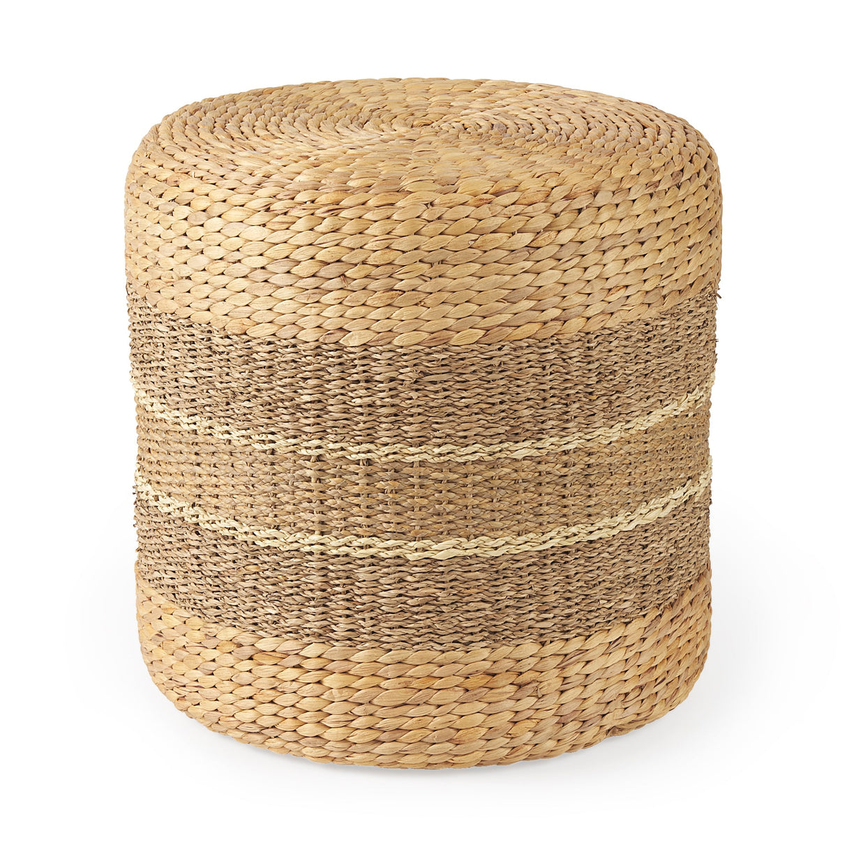 Maya 17.7L x 17.7W x 17.7H Light Brown W/Medium Brown Stripes Seagrass Round Pouf by Mercana at Eve Furniture