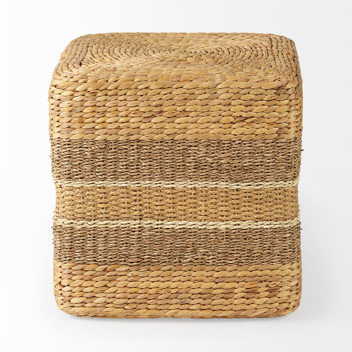 Maya 17.7L x 17.7W x 17.7H Light Brown W/Medium Brown Stripes Seagrass Square Pouf by Mercana at Eve Furniture