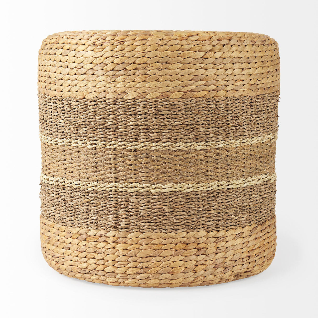 Maya Light Brown W/Medium Brown Stripes Seagrass Round Pouf by Mercana at Eve Furniture