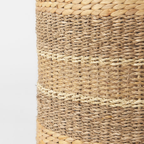 Maya Light Brown W/Medium Brown Stripes Seagrass Round Pouf by Mercana at Eve Furniture