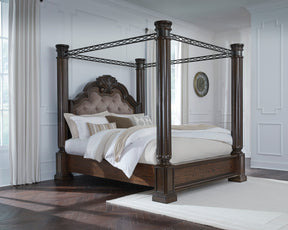 Maylee Dark Brown King Upholstered Canopy Bed by Ashley at Eve Furniture