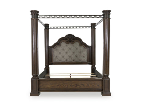 Maylee Dark Brown Upholstered Canopy Bedroom Set by Ashley at Eve Furniture