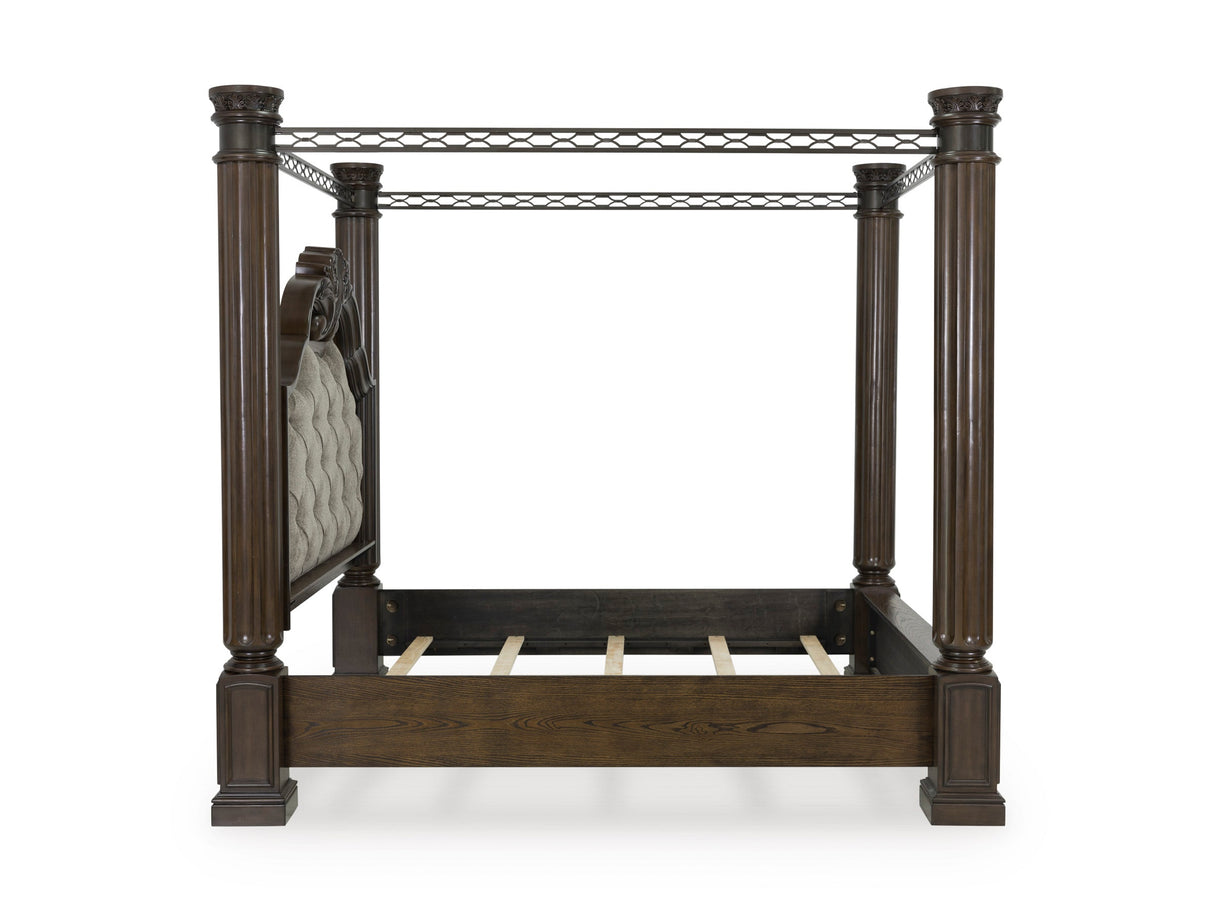 Maylee Dark Brown Upholstered Canopy Bedroom Set by Ashley at Eve Furniture