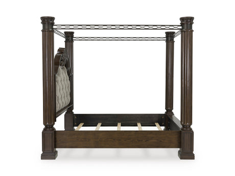 Maylee Dark Brown Upholstered Canopy Bedroom Set by Ashley at Eve Furniture