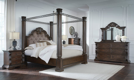 Maylee Dark Brown Upholstered Canopy Bedroom Set by Ashley at Eve Furniture