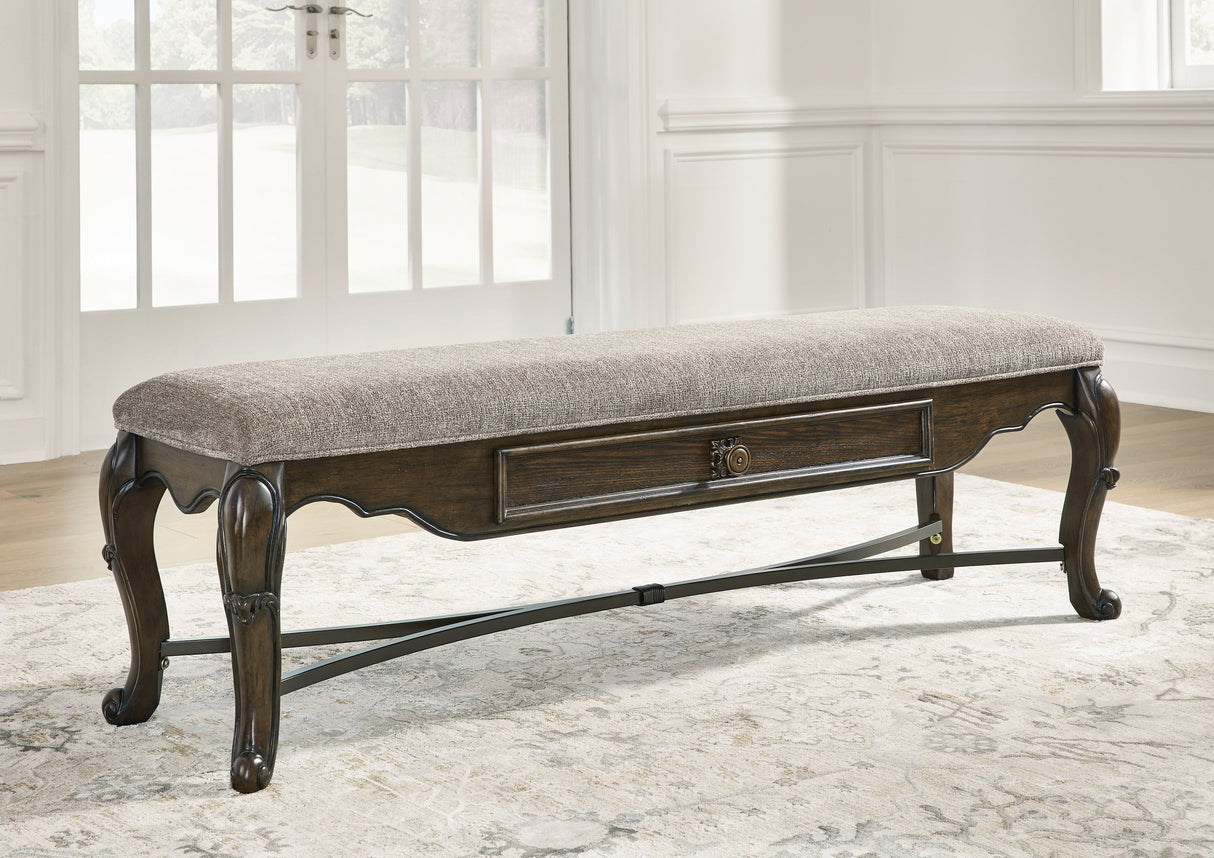 Maylee Dining Table and 4 Chairs and Bench with Storage in Dark Brown by Ashley at Eve Furniture