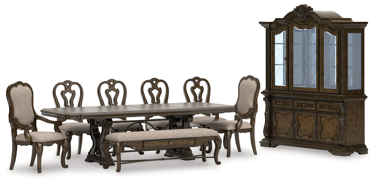 Maylee Dining Table and 6 Chairs and Bench with Storage in Dark Brown by Ashley at Eve Furniture