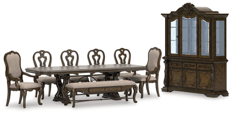 Maylee Dining Table and 6 Chairs and Bench with Storage in Dark Brown by Ashley at Eve Furniture