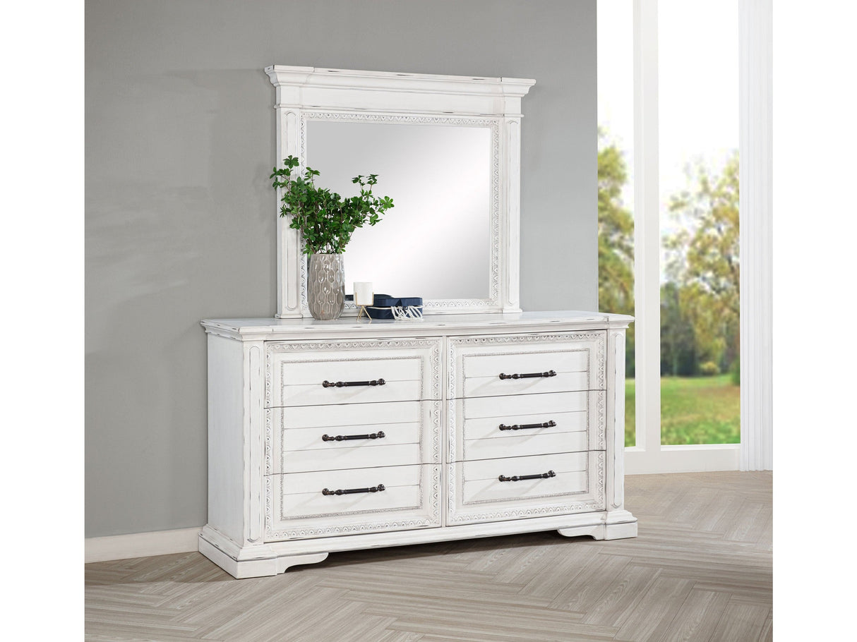 McKinney Vintage White 6-drawer Bedroom Dresser with Mirror - Eve Furniture