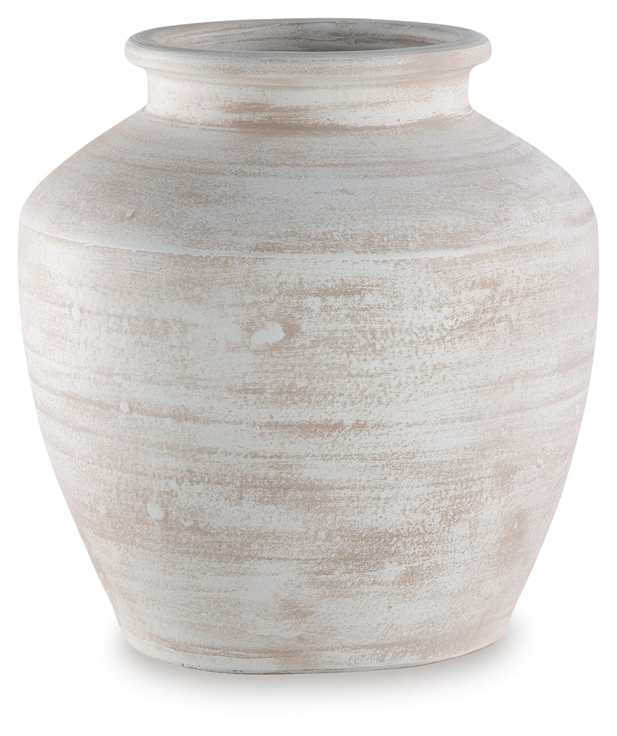 Meadie Distressed White Vase by Ashley at Eve Furniture