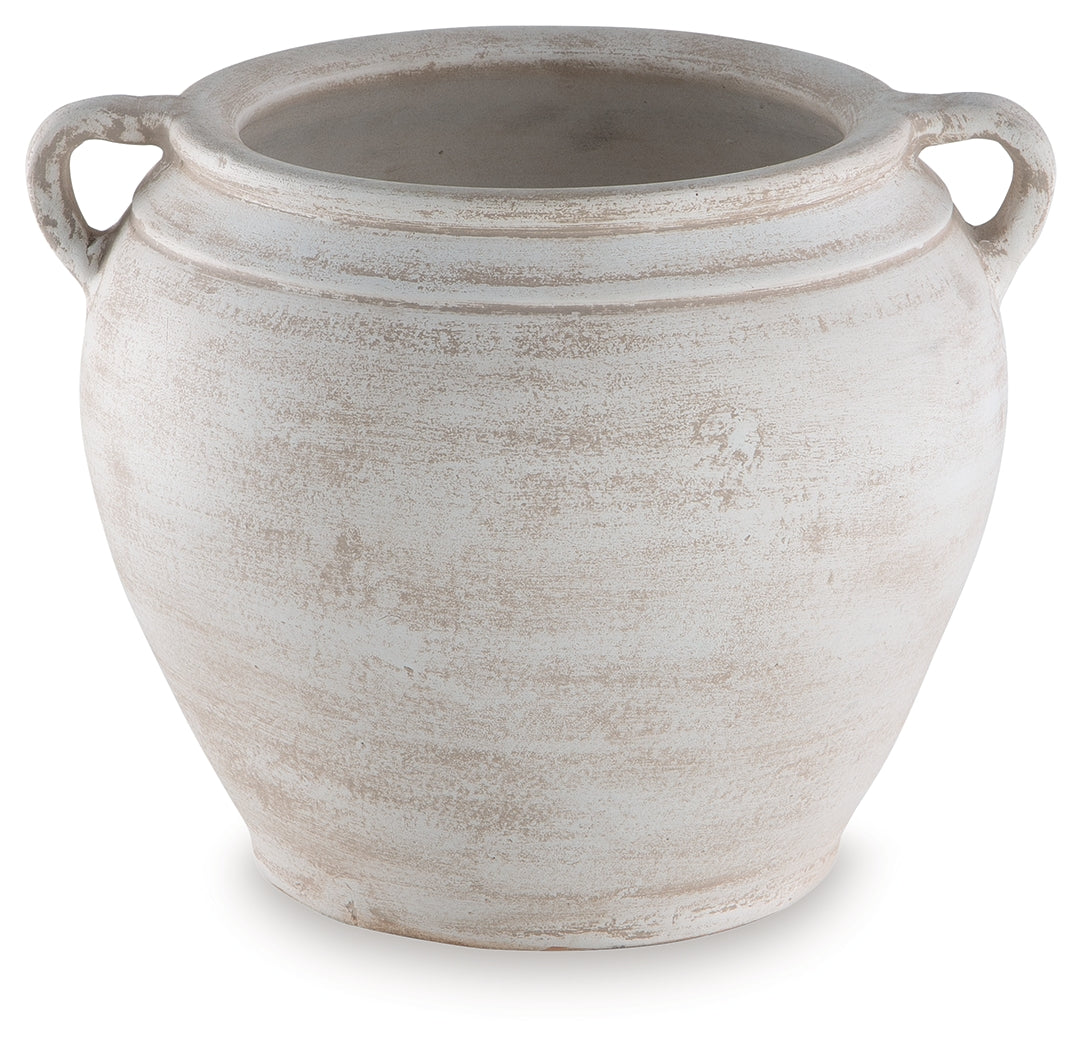 Meadie Distressed White Vase by Ashley at Eve Furniture