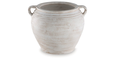 Meadie Distressed White Vase by Ashley at Eve Furniture