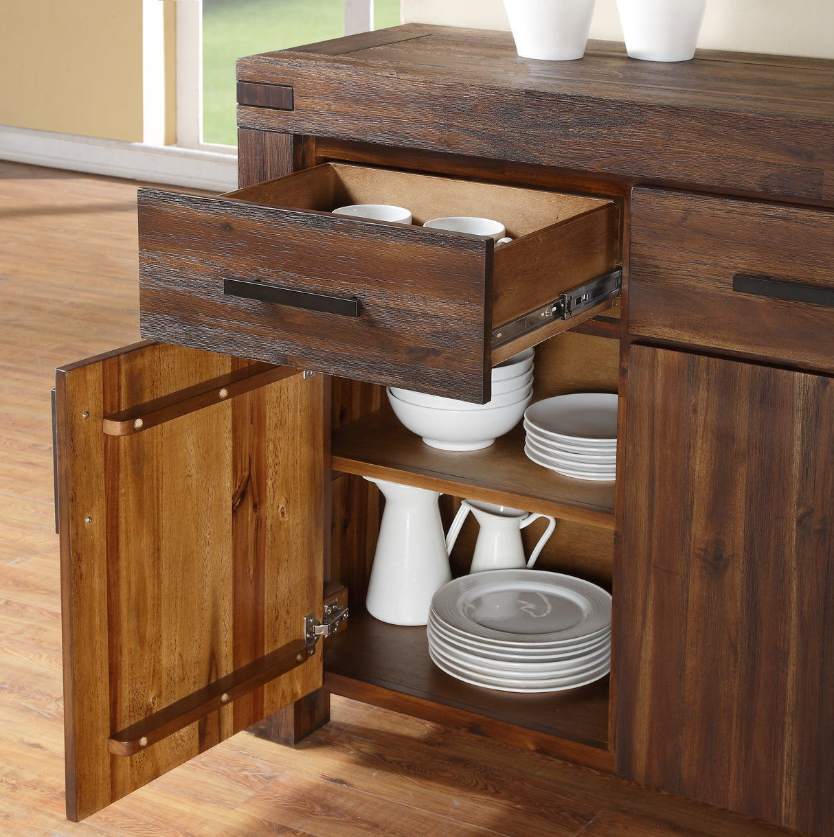 Meadow Three Drawer Three Door Solid Wood Sideboard in Brick Brown by Modus Furniture at Eve Furniture