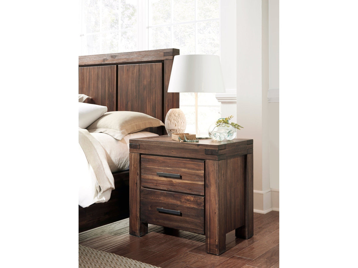Meadow Two Drawer Solid Wood Nightstand in Brick Brown by Modus Furniture at Eve Furniture