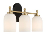 Meadows Three Lights Vanity Brushed Gold Bathroom Wall Light for Bathroom Over Mirror 20.5"W × 10.125"H × 5.5"E with White Frosted Glass by Ashcroft Furniture at Eve Furniture