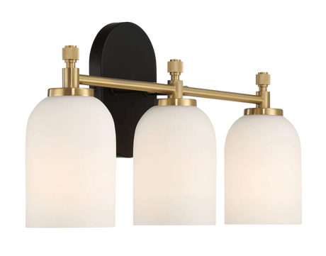 Meadows Three Lights Vanity Brushed Gold Bathroom Wall Light for Bathroom Over Mirror 20.5"W × 10.125"H × 5.5"E with White Frosted Glass by Ashcroft Furniture at Eve Furniture
