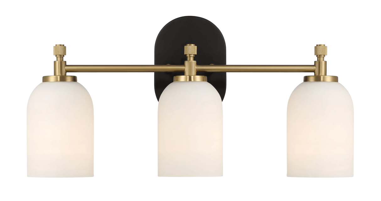 Meadows Three Lights Vanity Brushed Gold Bathroom Wall Light for Bathroom Over Mirror 20.5"W × 10.125"H × 5.5"E with White Frosted Glass by Ashcroft Furniture at Eve Furniture