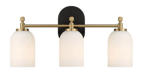 Meadows Three Lights Vanity Brushed Gold Bathroom Wall Light for Bathroom Over Mirror 20.5"W × 10.125"H × 5.5"E with White Frosted Glass by Ashcroft Furniture at Eve Furniture