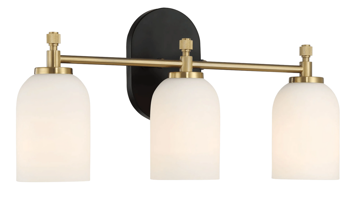 Meadows Three Lights Vanity Brushed Gold Bathroom Wall Light for Bathroom Over Mirror 20.5"W × 10.125"H × 5.5"E with White Frosted Glass by Ashcroft Furniture at Eve Furniture