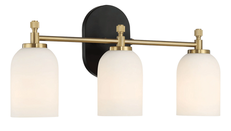 Meadows Three Lights Vanity Brushed Gold Bathroom Wall Light for Bathroom Over Mirror 20.5"W × 10.125"H × 5.5"E with White Frosted Glass by Ashcroft Furniture at Eve Furniture