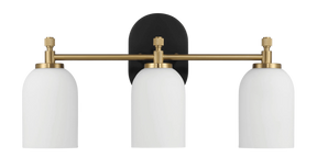 Meadows Three Lights Vanity Brushed Gold Bathroom Wall Light for Bathroom Over Mirror 20.5"W × 10.125"H × 5.5"E with White Frosted Glass by Ashcroft Furniture at Eve Furniture