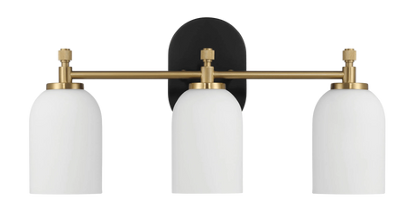 Meadows Three Lights Vanity Brushed Gold Bathroom Wall Light for Bathroom Over Mirror 20.5"W × 10.125"H × 5.5"E with White Frosted Glass by Ashcroft Furniture at Eve Furniture