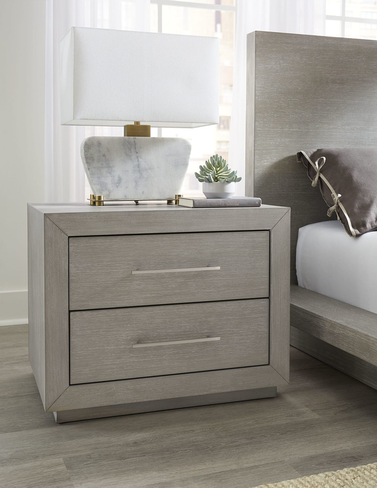 Melbourne Mineral Two Drawer Nightstand with USB by Modus Furniture at Eve Furniture