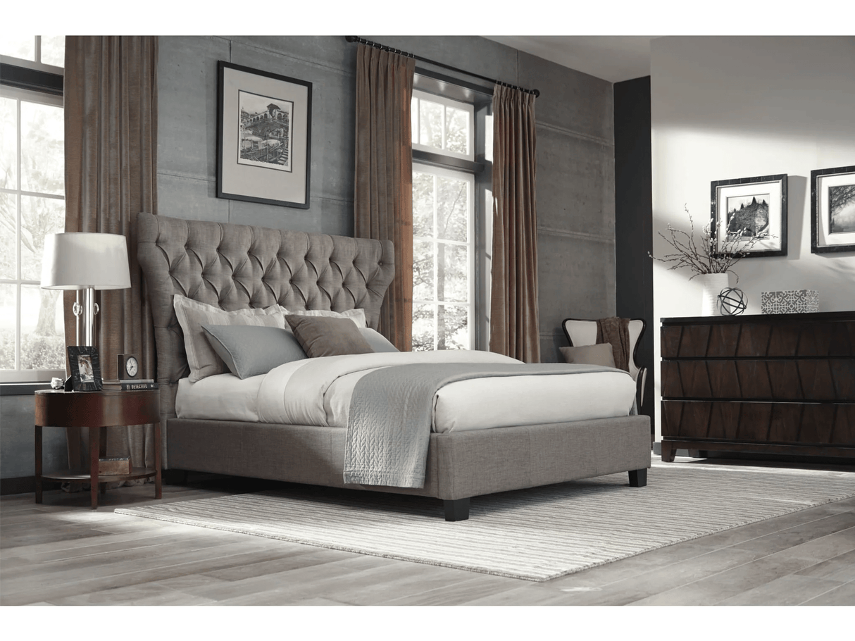 Melina California King Upholstered Platform Bed in Dolphin Linen by Modus Furniture at Eve Furniture