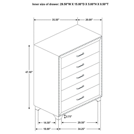 Melody 5-drawer Upholstered Chest Grey by Coaster at Eve Furniture