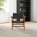 Melody Black Strap Leather Teak Wood Lounge Chair Black