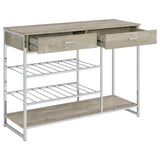 Melrose Gray Washed Oak and Chrome 2-shelf Wine Cabinet with 2 Drawers by Coaster at Eve Furniture