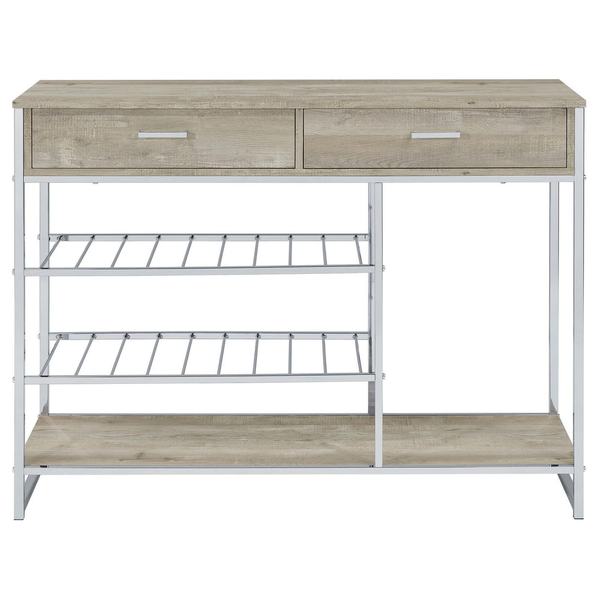 Melrose Gray Washed Oak and Chrome 2-shelf Wine Cabinet with 2 Drawers by Coaster at Eve Furniture