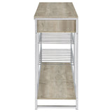 Melrose Gray Washed Oak and Chrome 2-shelf Wine Cabinet with 2 Drawers by Coaster at Eve Furniture