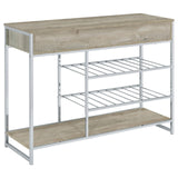 Melrose Gray Washed Oak and Chrome 2-shelf Wine Cabinet with 2 Drawers by Coaster at Eve Furniture