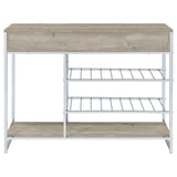 Melrose Gray Washed Oak and Chrome 2-shelf Wine Cabinet with 2 Drawers by Coaster at Eve Furniture