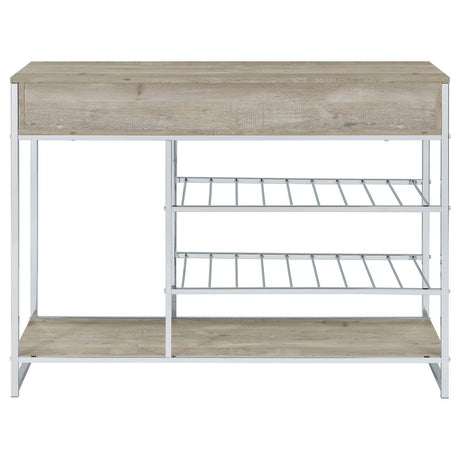 Melrose Gray Washed Oak and Chrome 2-shelf Wine Cabinet with 2 Drawers by Coaster at Eve Furniture