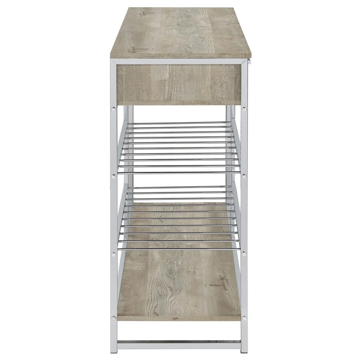 Melrose Gray Washed Oak and Chrome 2-shelf Wine Cabinet with 2 Drawers by Coaster at Eve Furniture